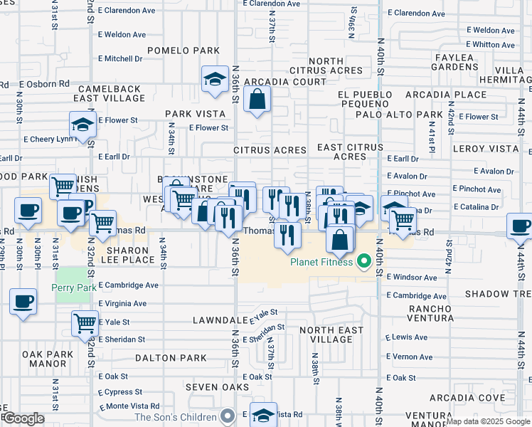map of restaurants, bars, coffee shops, grocery stores, and more near 3637 East Verde Lane in Phoenix