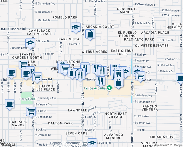 map of restaurants, bars, coffee shops, grocery stores, and more near 2922 North 37th Street in Phoenix