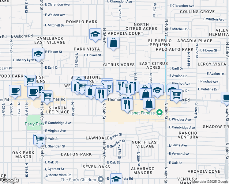 map of restaurants, bars, coffee shops, grocery stores, and more near 2929 North 36th Street in Phoenix