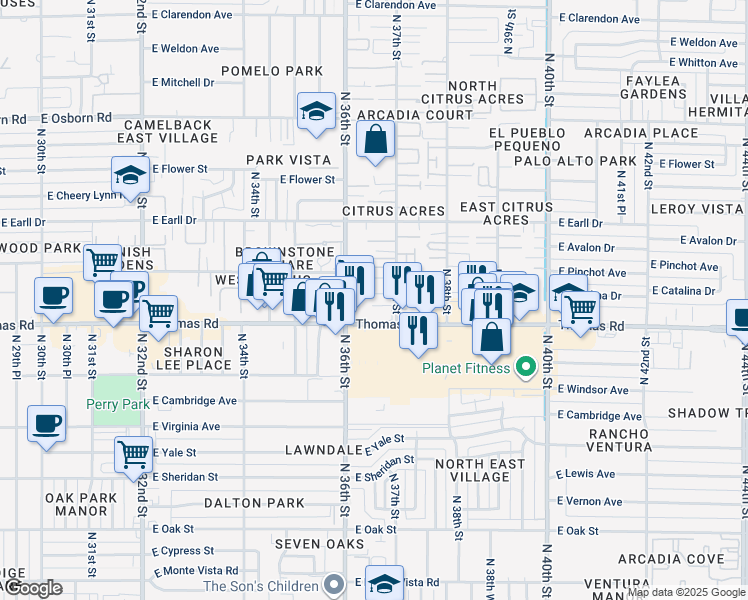 map of restaurants, bars, coffee shops, grocery stores, and more near 2929 North 36th Street in Phoenix