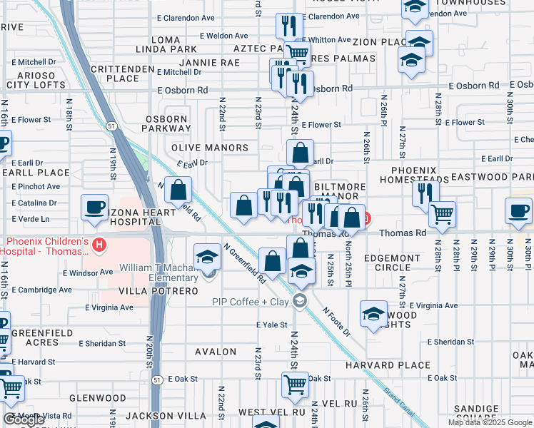 map of restaurants, bars, coffee shops, grocery stores, and more near 2315 East Pinchot Avenue in Phoenix