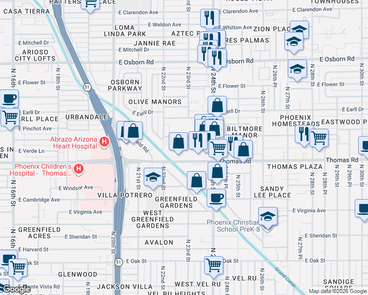 map of restaurants, bars, coffee shops, grocery stores, and more near 2933 North 22nd Place in Phoenix