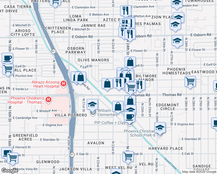 map of restaurants, bars, coffee shops, grocery stores, and more near 2933 North 22nd Place in Phoenix