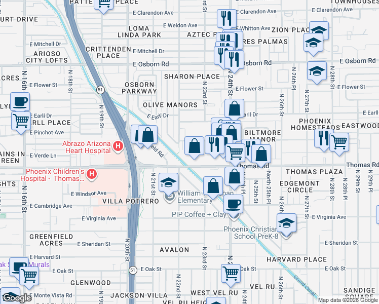 map of restaurants, bars, coffee shops, grocery stores, and more near 2933 North 22nd Place in Phoenix
