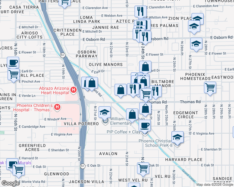 map of restaurants, bars, coffee shops, grocery stores, and more near 2933 North 22nd Place in Phoenix