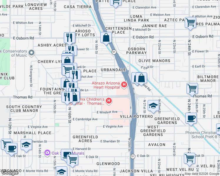 map of restaurants, bars, coffee shops, grocery stores, and more near 2938 North 18th Place in Phoenix
