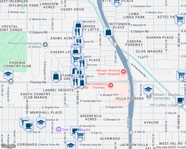 map of restaurants, bars, coffee shops, grocery stores, and more near 1701 East Catalina Drive in Phoenix
