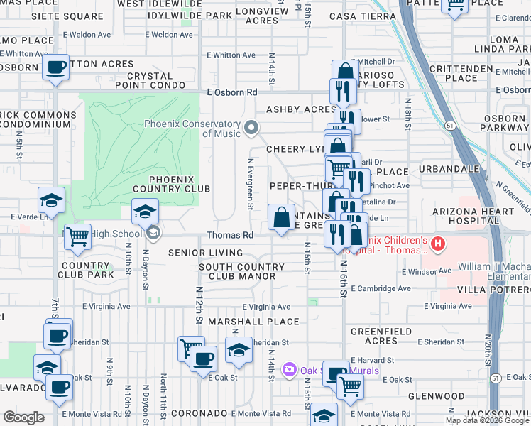 map of restaurants, bars, coffee shops, grocery stores, and more near 2939 North Evergreen Street in Phoenix
