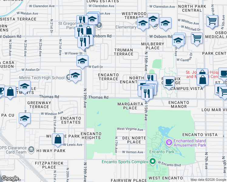map of restaurants, bars, coffee shops, grocery stores, and more near 2917 North 17th Drive in Phoenix
