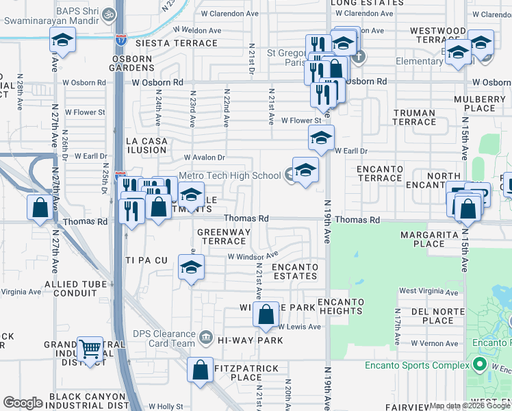 map of restaurants, bars, coffee shops, grocery stores, and more near 2915 North 21st Avenue in Phoenix