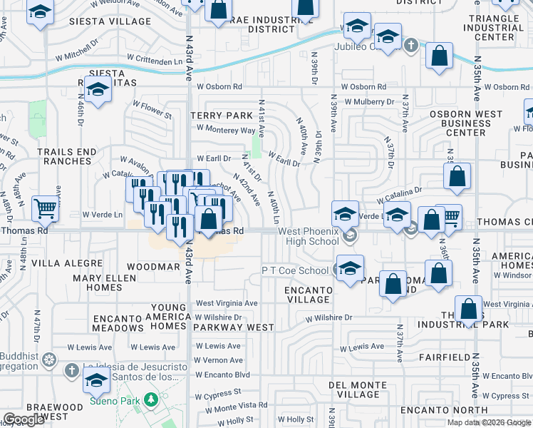 map of restaurants, bars, coffee shops, grocery stores, and more near 2930 North 42nd Avenue in Phoenix