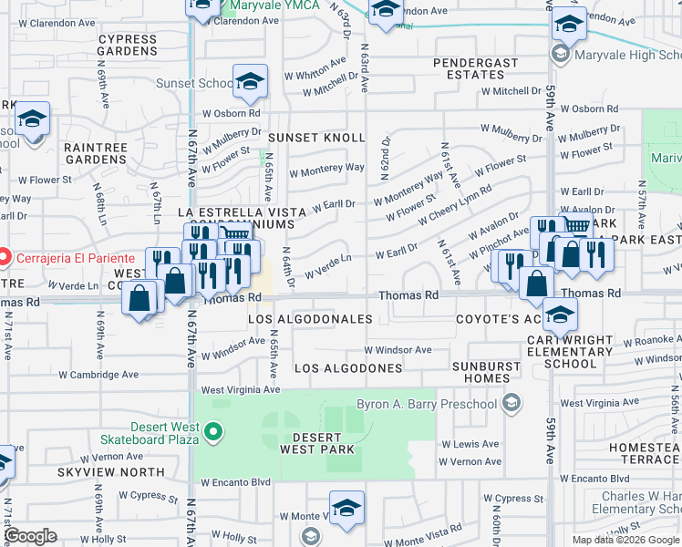 map of restaurants, bars, coffee shops, grocery stores, and more near 6341 West Verde Lane in Phoenix