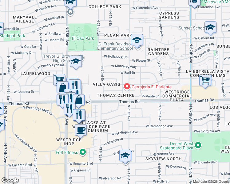 map of restaurants, bars, coffee shops, grocery stores, and more near 7136 West Merrell Street in Phoenix