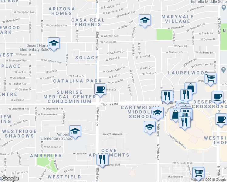 map of restaurants, bars, coffee shops, grocery stores, and more near 8211 West Catalina Drive in Phoenix