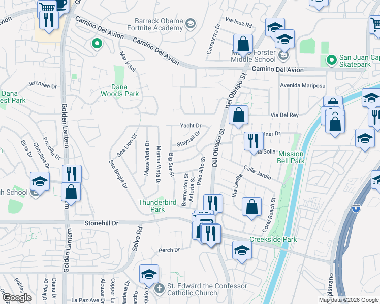 map of restaurants, bars, coffee shops, grocery stores, and more near 25276 Brigantine Drive in Dana Point