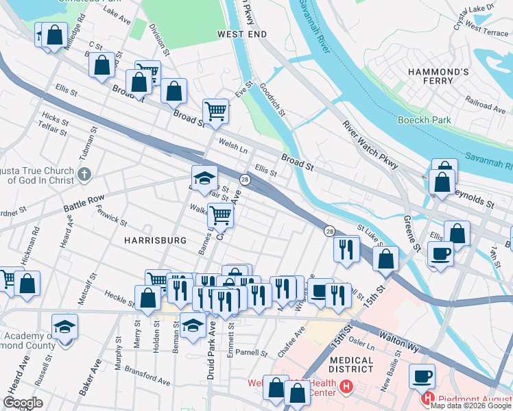 map of restaurants, bars, coffee shops, grocery stores, and more near 1725 Hicks Street in Augusta