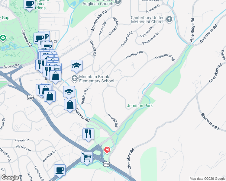 map of restaurants, bars, coffee shops, grocery stores, and more near 3107 Overhill Road in Birmingham