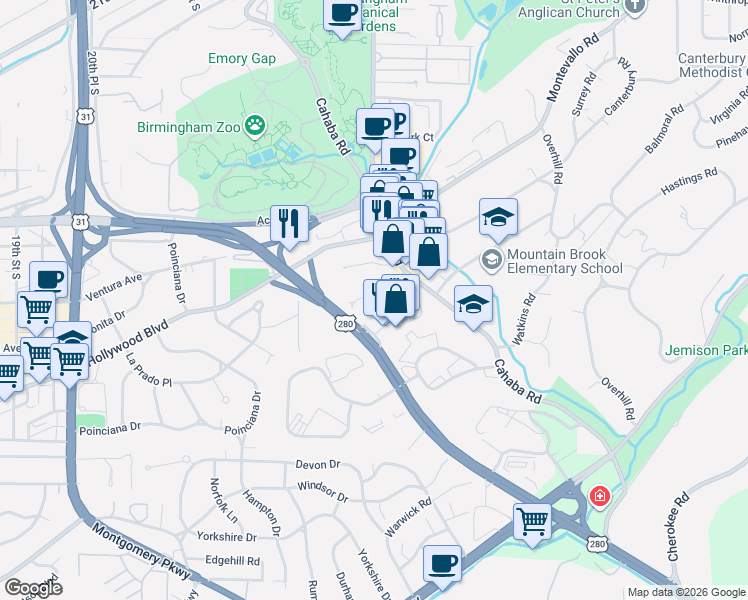 map of restaurants, bars, coffee shops, grocery stores, and more near 2310 Brook Manor Drive in Mountain Brook