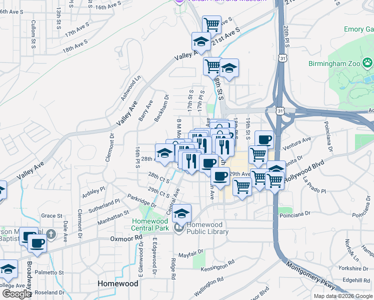 map of restaurants, bars, coffee shops, grocery stores, and more near 2712 17th Street South in Birmingham