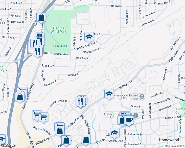 map of restaurants, bars, coffee shops, grocery stores, and more near 1200 Beacon Parkway East in Birmingham