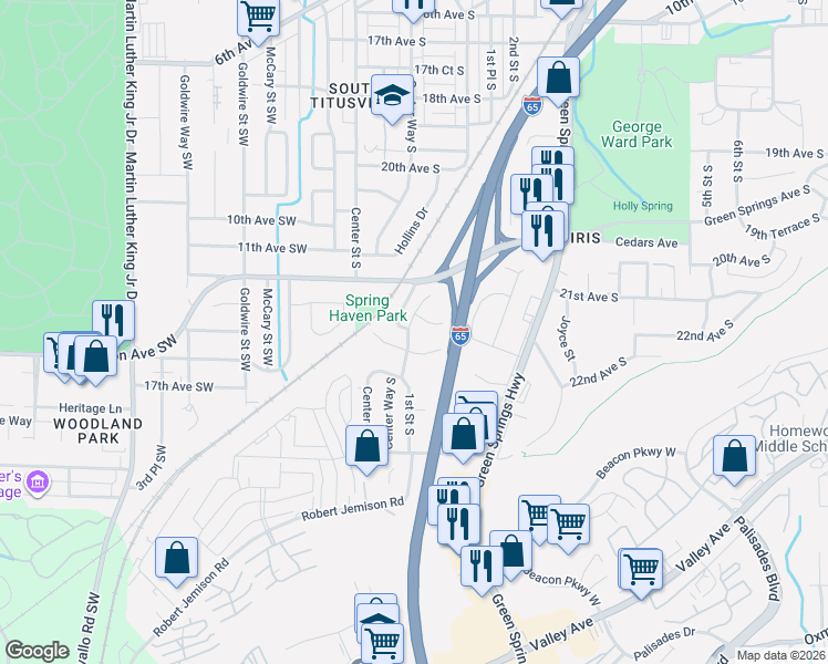 map of restaurants, bars, coffee shops, grocery stores, and more near 2228 Center Way South in Birmingham