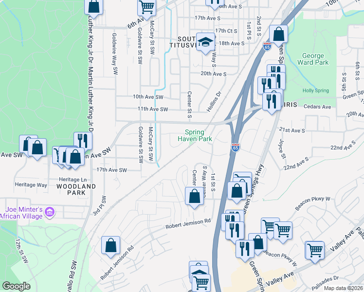 map of restaurants, bars, coffee shops, grocery stores, and more near 20 Spring Haven Circle Southwest in Birmingham