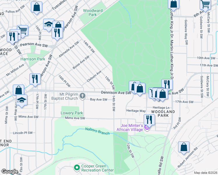 map of restaurants, bars, coffee shops, grocery stores, and more near 1372 15th Street Southwest in Birmingham
