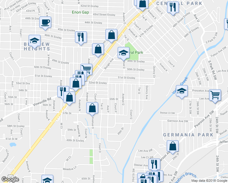 map of restaurants, bars, coffee shops, grocery stores, and more near 5220 Court P in Birmingham