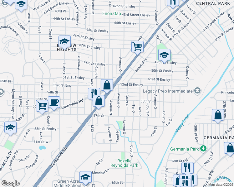 map of restaurants, bars, coffee shops, grocery stores, and more near 1359 Bessemer Road in Birmingham