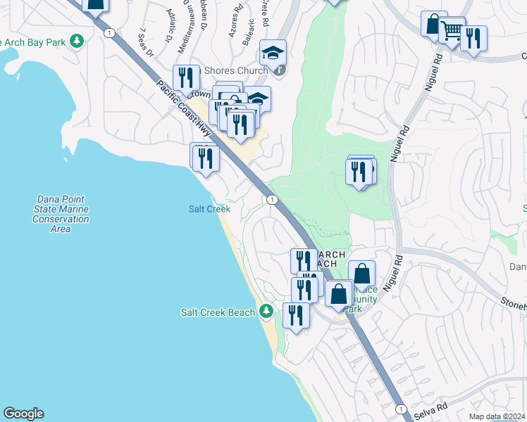 map of restaurants, bars, coffee shops, grocery stores, and more near 14 Ritz Cove Drive in Dana Point