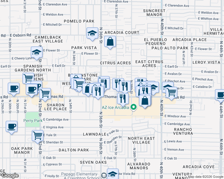 map of restaurants, bars, coffee shops, grocery stores, and more near 2922 North 37th Street in Phoenix