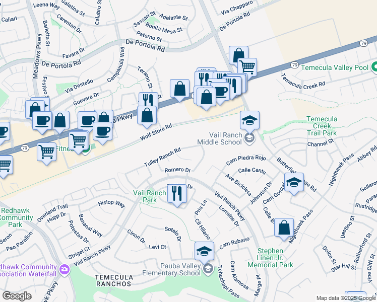 map of restaurants, bars, coffee shops, grocery stores, and more near 33033 Tulley Ranch Road in Temecula
