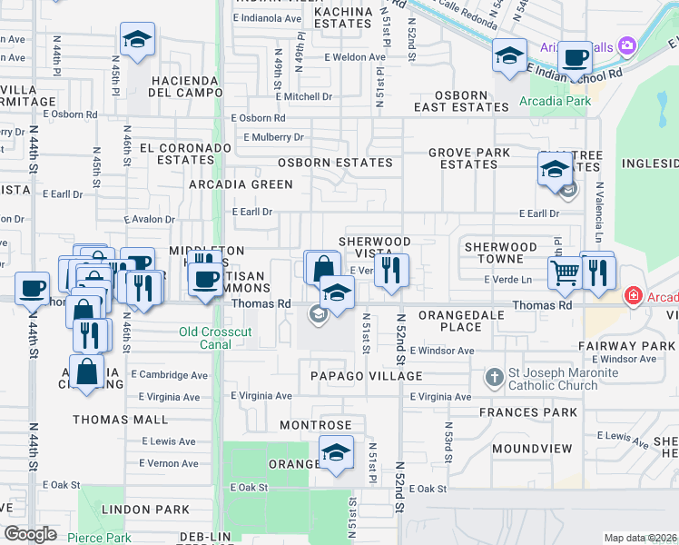 map of restaurants, bars, coffee shops, grocery stores, and more near 2946 North 50th Place in Phoenix