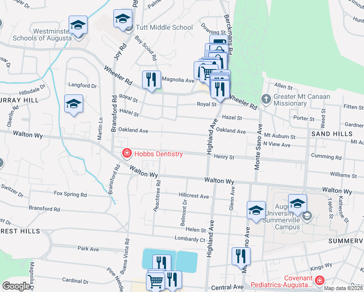 map of restaurants, bars, coffee shops, grocery stores, and more near 2735 Henry Street in Augusta