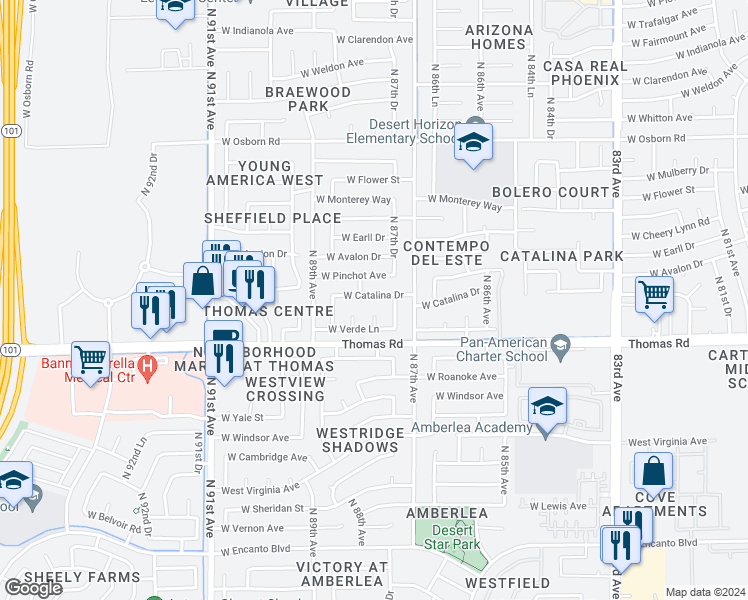 map of restaurants, bars, coffee shops, grocery stores, and more near 8729 West Catalina Drive in Phoenix
