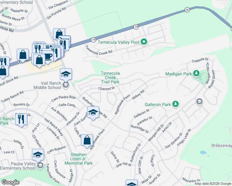 map of restaurants, bars, coffee shops, grocery stores, and more near 44388 Kingston Drive in Temecula