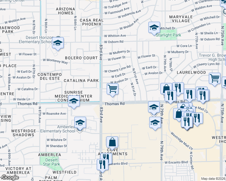 map of restaurants, bars, coffee shops, grocery stores, and more near 8211 West Catalina Drive in Phoenix