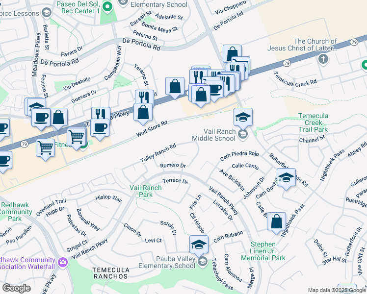 map of restaurants, bars, coffee shops, grocery stores, and more near 33033 Tulley Ranch Road in Temecula
