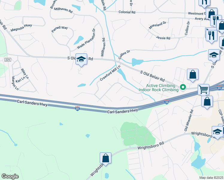 map of restaurants, bars, coffee shops, grocery stores, and more near 462 Belglade Road in Grovetown