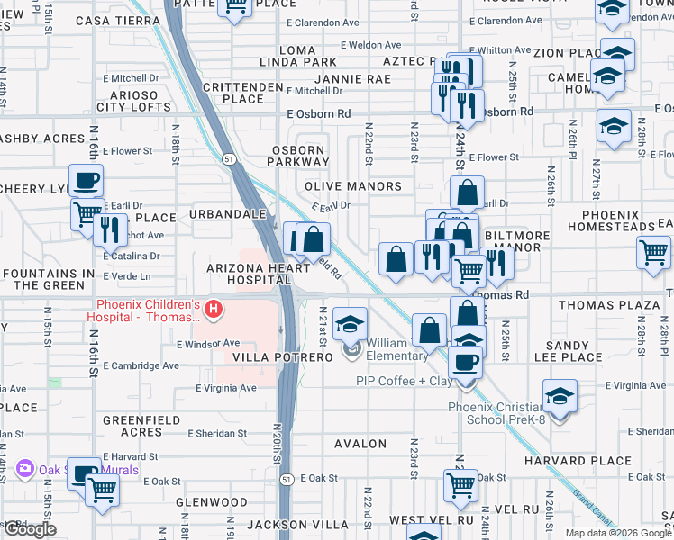 map of restaurants, bars, coffee shops, grocery stores, and more near 2915 North Greenfield Road in Phoenix
