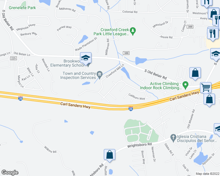 map of restaurants, bars, coffee shops, grocery stores, and more near 465 Belglade Road in Grovetown