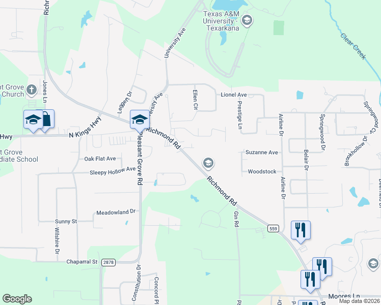 map of restaurants, bars, coffee shops, grocery stores, and more near 5924-6258 Farm to Market 559 in Texarkana