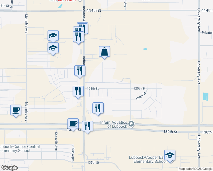 map of restaurants, bars, coffee shops, grocery stores, and more near 3202 125th Street in Lubbock
