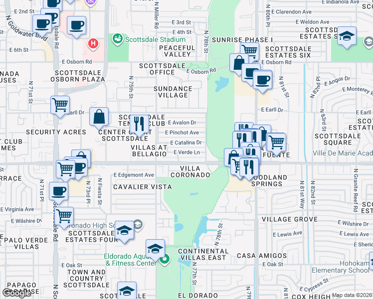 map of restaurants, bars, coffee shops, grocery stores, and more near 7720 East Verde Lane in Scottsdale
