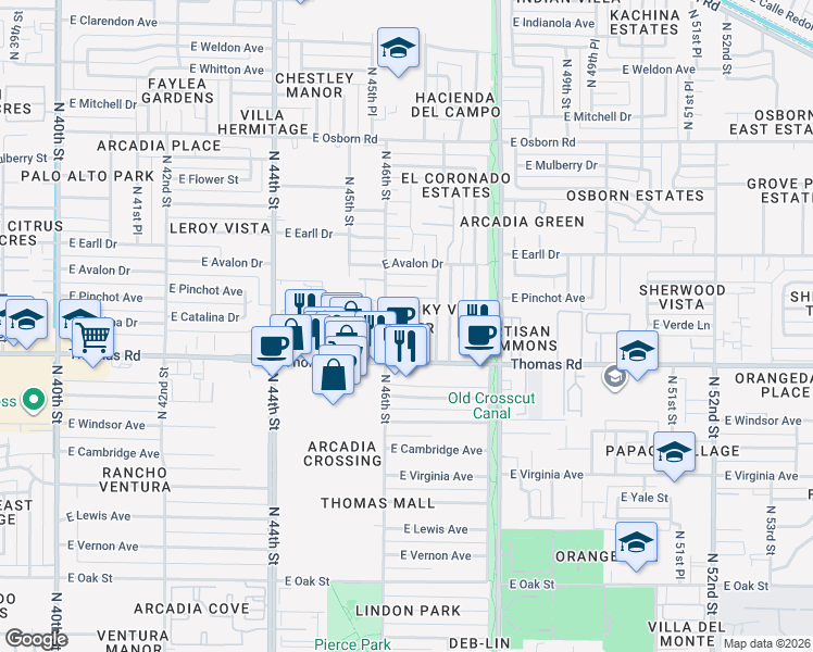 map of restaurants, bars, coffee shops, grocery stores, and more near 4630 East Thomas Road in Phoenix