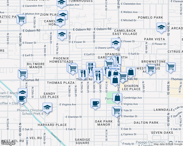 map of restaurants, bars, coffee shops, grocery stores, and more near 3036 East Thomas Road in Phoenix