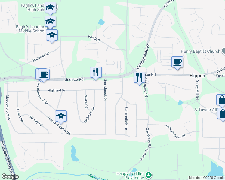 map of restaurants, bars, coffee shops, grocery stores, and more near 30 Spring Lane in McDonough