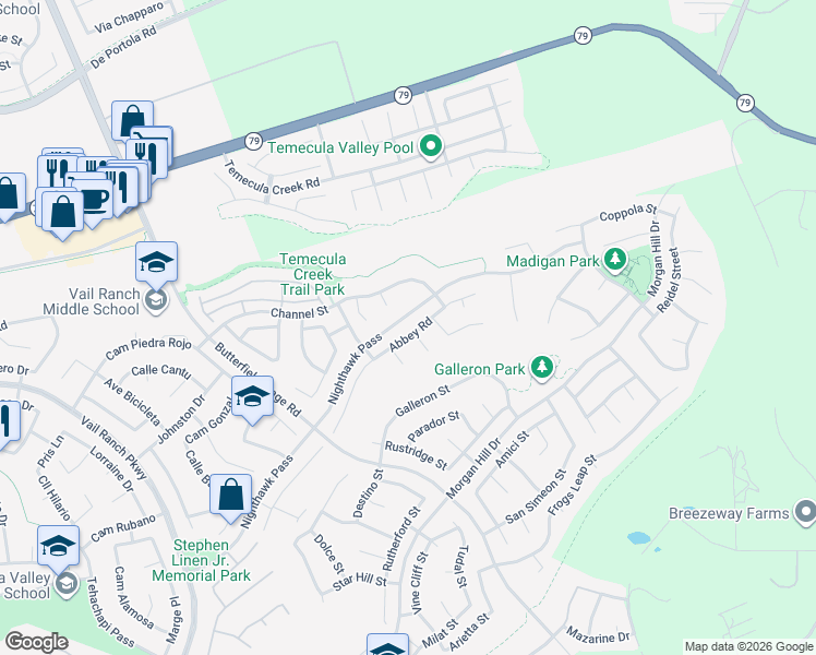 map of restaurants, bars, coffee shops, grocery stores, and more near 33878 Abbey Road in Temecula