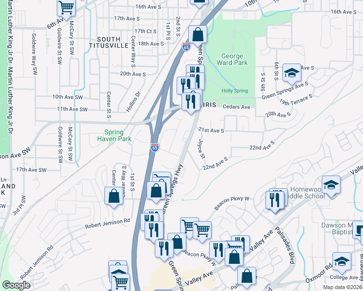 map of restaurants, bars, coffee shops, grocery stores, and more near 230 2nd Street South in Birmingham