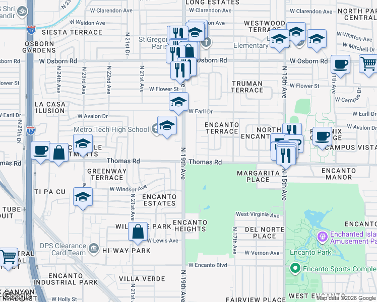 map of restaurants, bars, coffee shops, grocery stores, and more near 2917 North 19th Avenue in Phoenix